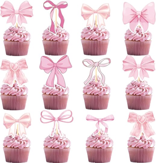 Pink Bow Cupcake Toppers, Pink Bow Coquette Birthday Cake Decorations for Birthday Baby Shower Pink Bow Theme Party Decor (36)